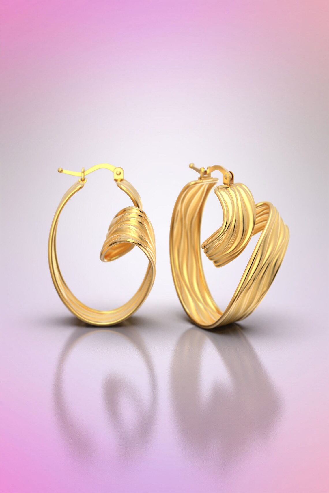Chunky Gold Hoops 18k Solid Gold Hoops Ribbon Earrings. Etsy