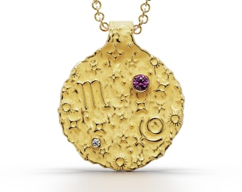 Pingente de ouro do zodíaco de Escorpião: colar astrológico com diamantes 14K
