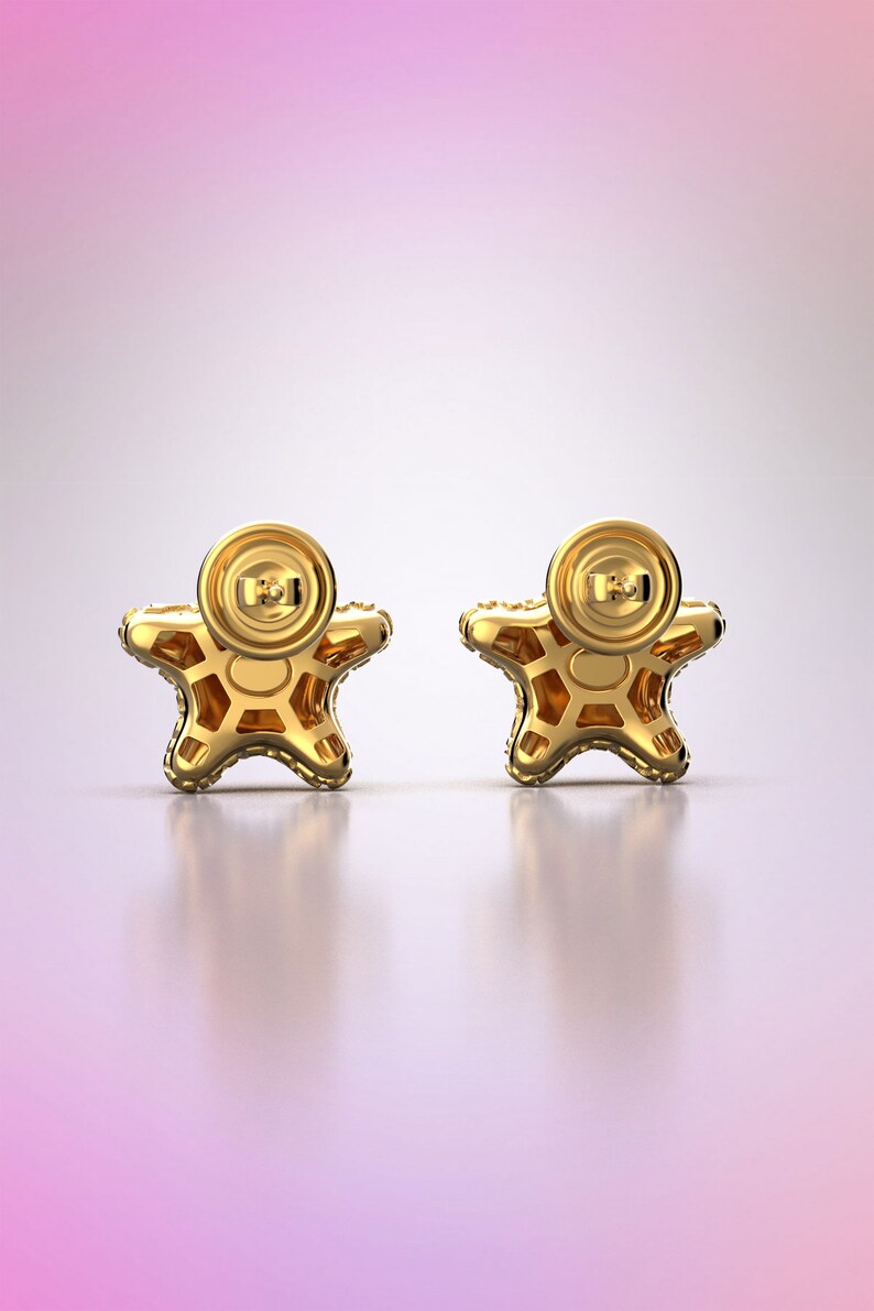 May include: A pair of gold star-shaped earrings with a textured surface. The earrings have a post back closure.