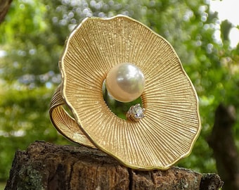 Akoya Pearl Diamond Ring: 18k or 14k Gold Italian Jewelry