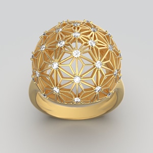 14k Gold Diamond Ball Ring: Sashiko Star Pattern, Italian Jewelry