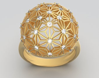 Anillo de oro de 14 k con diamantes y bola: diseño de estrella sashiko, joyería italiana