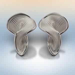 May include: A pair of silver earrings with a swirling, abstract design. The earrings are made of a smooth, shiny metal and have a modern, geometric look.
