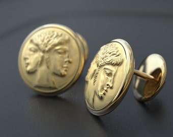 Coin Gold Stud Earrings in ancient Roman Style, Designed and crafted in Italy. Italian Jewelry, Roman God Janus Earrings in 14k or 18k