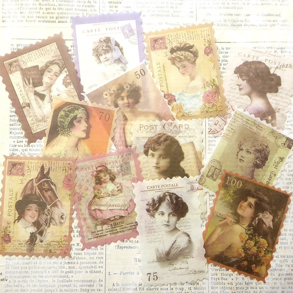 60-tlg Set vintage Aufkleber FRAUEN Portrait Briefmarke - #6108