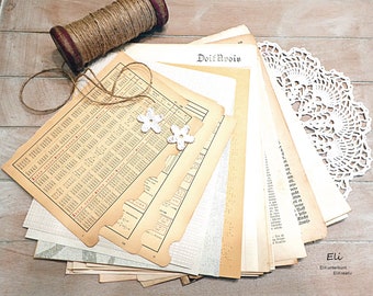 Papier Set Special-Mix neutral, 25 Blatt, vintage Buchseiten 1856-1910, Blindenschrift, Tabellen uvm. - #6173