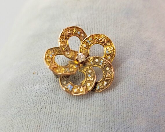 Victorian 14k Gold, Diamond and Floral Pastel Ena… - image 2