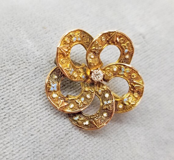 Victorian 14k Gold, Diamond and Floral Pastel Ena… - image 1