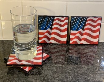 Dessous de verre drapeau américain - Lot de 4 sous-verres en céramique
