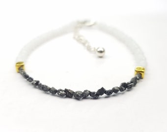 Rough Black Diamond Bead Bracelet: Natural Gemstone, 925 Silver Clasp