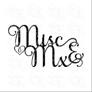 May include: Black and white calligraphy design with the words "Mrs & Mr" and a heart symbol.