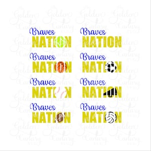 May include: Four variations of a yellow and blue graphic design with the text "Braves Nation" and a different sports ball in each design. The sports balls are a softball, basketball, baseball and a football.