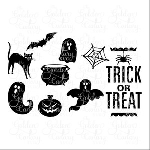 May include: Black and white silhouette cut files for Halloween. The images include a cat, a ghost, a bat, a cauldron, a pumpkin, a spider web, a spider, and the text "Trick or Treat".