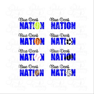 Op de afbeelding: Blue Devil Nation grafiek met verschillende sportballen, waaronder een honkbal, een basketbal, een voetbal, een voetbal, een softbal en een volleybal. De tekst is blauw en de ballen zijn in hun respectievelijke kleuren.