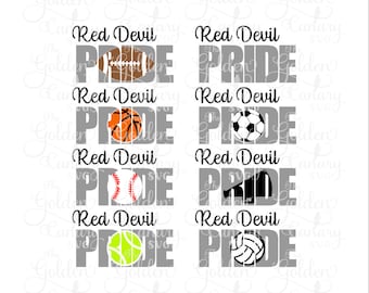 May include: Five variations of a graphic design featuring the text "Red Devil Pride" with different sports icons inside the letters. The sports icons include a football, basketball, soccer ball, baseball, and a tennis ball.
