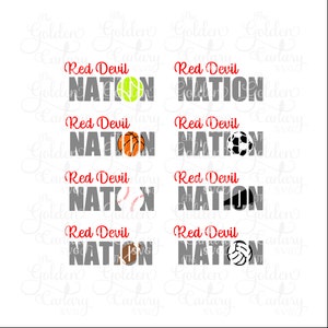 Op de afbeelding: Red Devil Nation grafiek met verschillende sportballen die de letters in het woord "Nation" vervangen. De sportballen omvatten een tennisbal, een basketbal, een honkbal, een voetbal, een American football en een volleybal.
