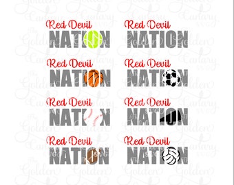 May include: Red Devil Nation graphic with different sports balls replacing the letters in the word "Nation". The sports balls include a tennis ball, basketball, baseball, soccer ball, football, and volleyball.