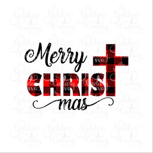 May include: Red and black buffalo check design with the words "Merry Christmas" in black text. A red and black buffalo check cross is behind the text.