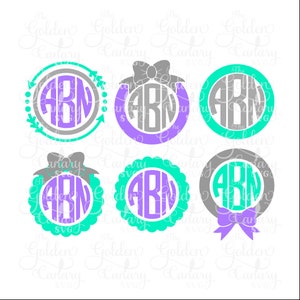 May include: Six different monogram designs featuring the letters "ABN" in a circle. The monograms are in gray, purple, and teal colors. Some designs include a bow and arrows.