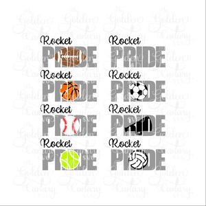 May include: A white background features the words "Rocket Pride" in gray, with sports equipment illustrations. The sports include a football, basketball, soccer ball, baseball, megaphone, tennis ball, and volleyball.