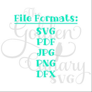 Peut inclure: Formats de fichiers&nbsp;: SVG, PDF, JPG, PNG, DFX. Le texte est en bleu turquoise et est &eacute;crit en cursive.