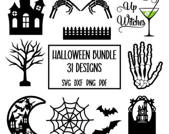 May include: A set of 31 Halloween-themed SVG, DXF, PNG, and PDF digital files. The designs include a spooky house, a fence, a skeletal hand, a spiderweb, bats, a crescent moon with a house, and a tree with bare branches. The text "Drink Up Witches" is also included.