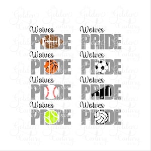 May include: A set of eight digital cut files featuring the word "PRIDE" with different sports balls replacing the letters. The sports balls include a football, basketball, soccer ball, baseball, tennis ball, and volleyball. The text "Wolves" appears above each design.