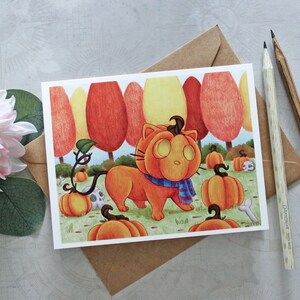 Tarjeta de gato lindo / Tarjeta de calabaza / Tarjeta con sobre / Tarjeta de felicitación en blanco / Tarjeta de cualquier ocasión / Tarjeta de Halloween / Tarjeta de notas