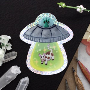 Abducción de vaca alienígena OVNI / pegatina de brillo de vinilo de 3&quot; / pegatina troquelada / pegatina impermeable / pegatinas para botellas de agua / pegatina para computadora portátil