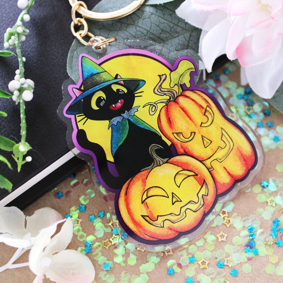 Black Cat Keychain Halloween Keychain Double Sided Etsy