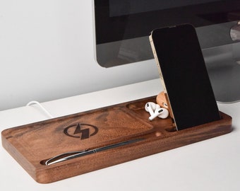 Black Walnut Wood Desk Organizer with Wireless Charger, Personalized Docking Station, iPhone Stand, Desk Accessories, Christmas gifts