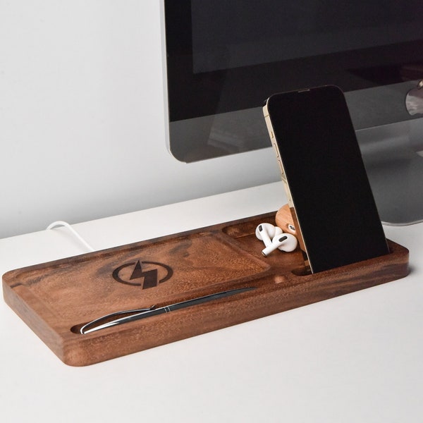 Black Walnut Wood Desk Organizer with Wireless Charger, Personalized Docking Station, iPhone Stand, Desk Accessories, Christmas gifts