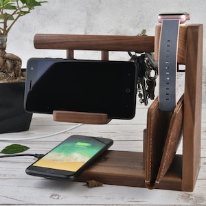 Nightstand Valet, Wireless Charging Station Organizer, Apple Watch Stand, Walnut Wood Wallet&Key Holder, Customized Gift, Anniversary Gift