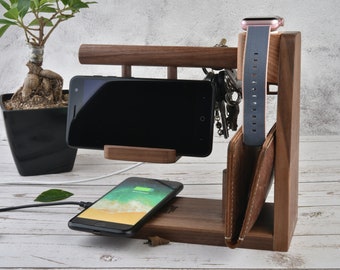 Nightstand Valet, Wireless Charging Station Organizer, Apple Watch Stand, Walnut Wood Wallet&Key Holder, Customized Gift, Anniversary Gift