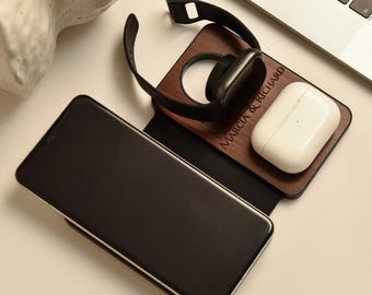 Estación de carga inalámbrica personalizada, soporte de madera personalizado para cargador, cargador para teléfono, reloj y AirPods, base grabada, regalo para él o ella.