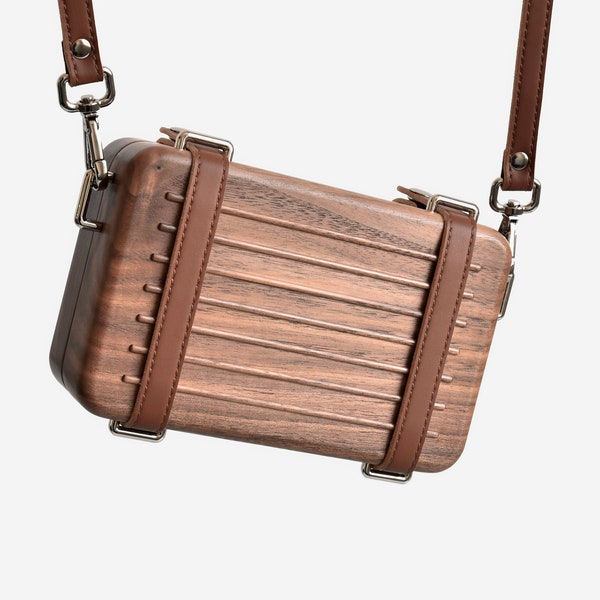 Clutches Leather, Wood Crossbody Bag, Mini Trunk, Gifts for Grads, Gift Ideas For Coworker, Unique Gifts for Her/Him