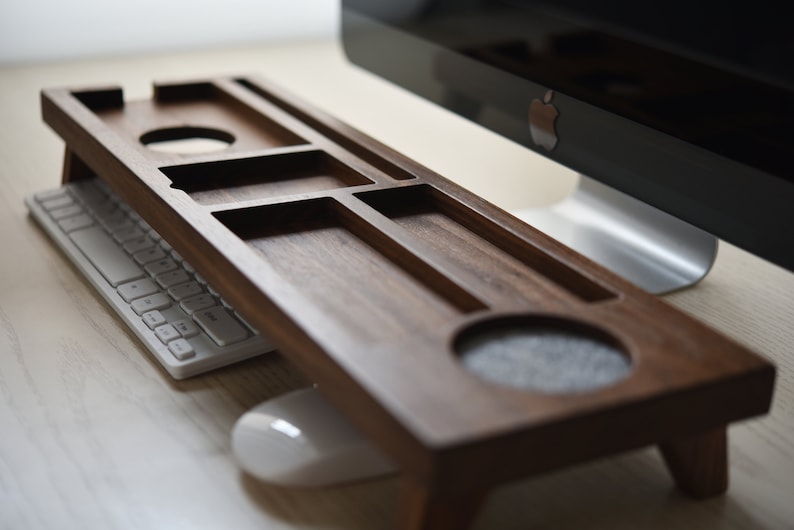 Black Walnut Wood Desk Organizer With Wireless Charger Etsy