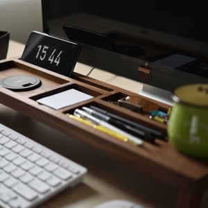 Black Walnut Wood Desk Organizer with Wireless Charger, Personalized Docking Station, iPad & iPhone Stand, Desk Accessories, Christmas gifts image 1