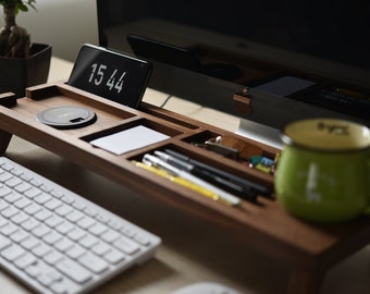 Black Walnut Wood Desk Organizer with Wireless Charger, Personalized Docking Station, iPad & iPhone Stand, Desk Accessories, Christmas gifts