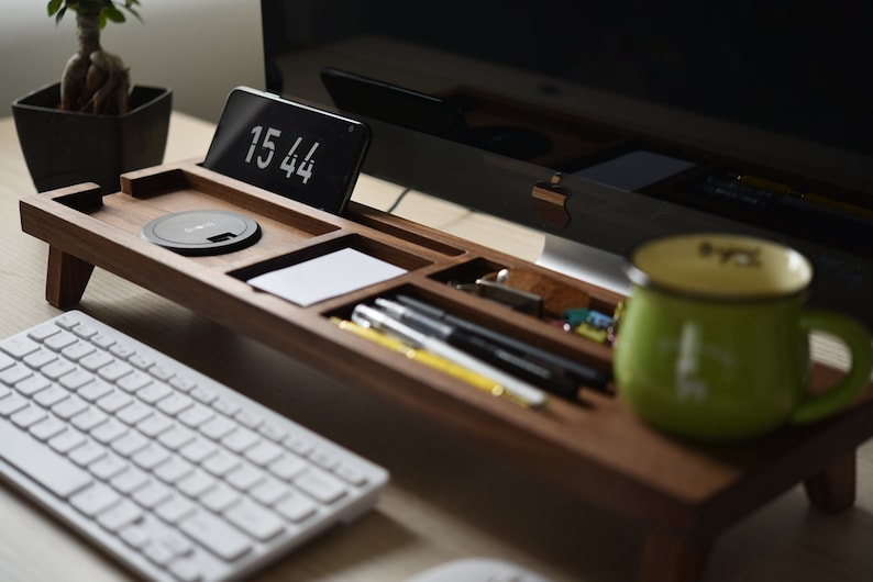 Black Walnut Wood Desk Organizer with Wireless Charger, Personalized Docking Station, iPad & iPhone Stand, Desk Accessories, Christmas gifts image 1