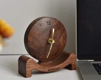 Personalized Wooden Desk Clock, Custom Name Engraved Clock, Minimalist Walnut Clock, Gift for Him, Anniversary Gift, Office Decor