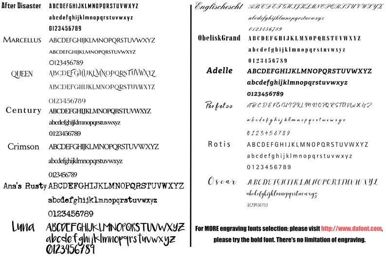 May include: A chart of different fonts, including After Disaster, Marcellus, Queen, Century, Crimson, Ana's Rusty, Luna, Englischescht, ObeliskGrand, Adelle, Perfetoo, Rotis, and Oscar. The chart shows the uppercase and lowercase letters of each font, as well as the numbers 0-9.