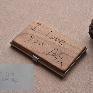 Echte Handschrift Visitenkartenetui, Holz Kartenetui, Metall Kreditkartenhalter, individuelles Geschenk, Coworker Geschenke, Vater Geschenk