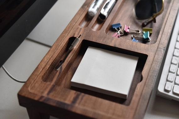 Leather Desk Set - Leather Organizer Desk Set - Walnut Wood Desk Set -  Office Product - Desk Accessories Set - 11 PCS (Black)