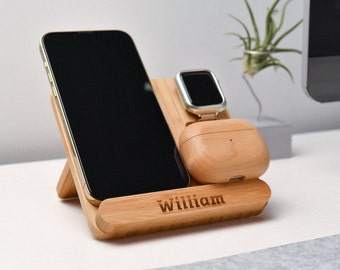 Personalized Wireless Charging Station 3 in 1, Bamboo Wireless Charger for iPhone, Apple Watch, AirPods, Gift for Him, Desk Accessories