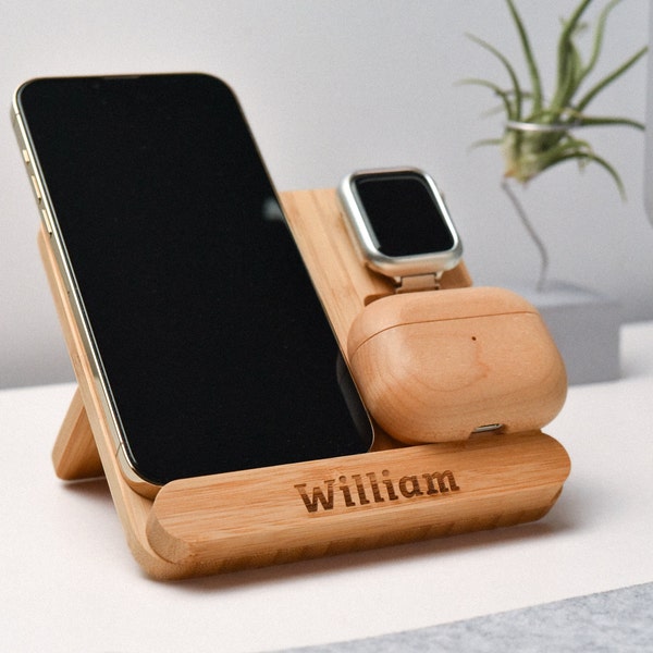 Personalized Wireless Charging Station 3 in 1, Bamboo Wireless Charger for iPhone, Apple Watch, AirPods, Gift for Him, Desk Accessories