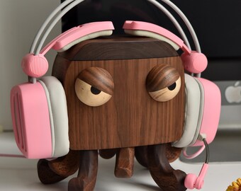 Black Walnut Wooden Octopus Desk Organizer, Wooden Headphone Stand, Cute Phone Holder Box, Handmade Wood Storage, Funny Office Decor Gift
