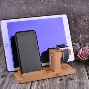 Wood or Bamboo Apple Watch Charging Station, Handmade iPad&iPhone Docking Station, Multi-device Phone Stand, Customized Gift, Office Decor