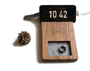 Black Walnut Wood Wireless Phone Charger, Phone Dock, Apple Watch Stand, Desk Organizer, Personalized Gift, Birthday Present, Christmas Gift