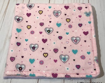 Lovey blanket, pink heart blanket, flannel blanket, minky blanket, blanket for girl, security blanket,  lovey baby blanket